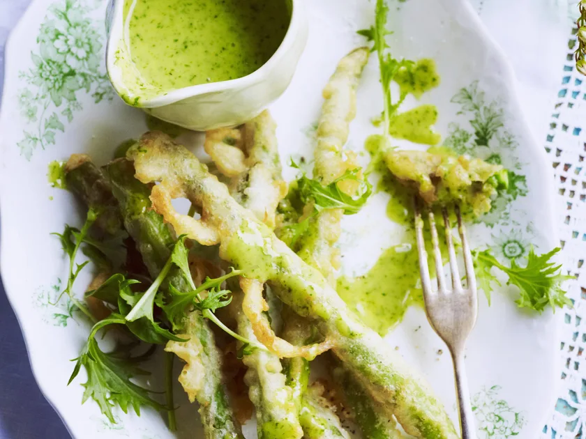 Asparagus tempura with chervil vinaigrette