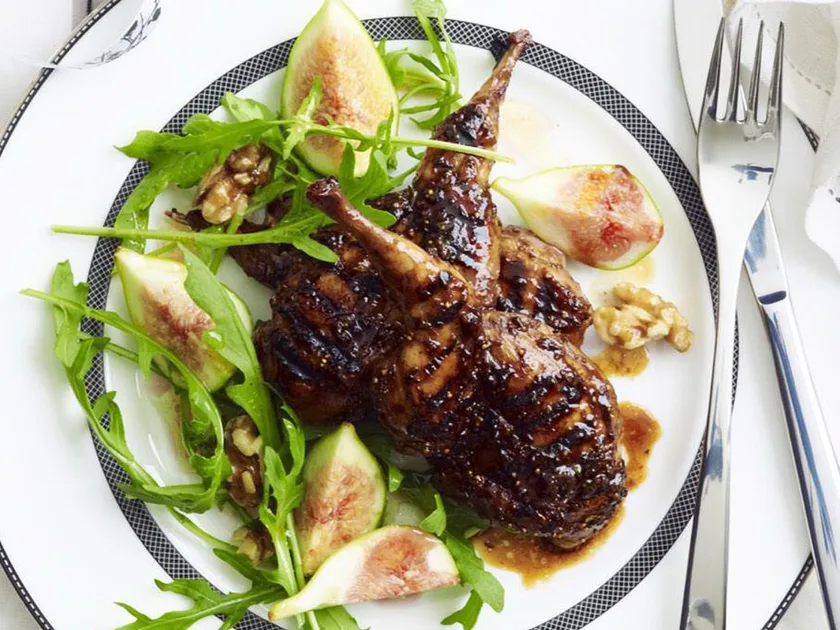 Barbecued quail with fig and walnut salad