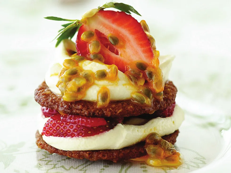 Brandy snaps with strawberries and cream