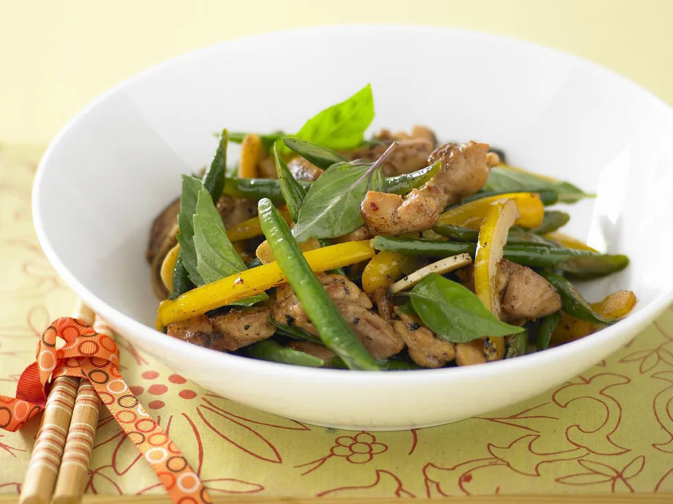 thai basil chicken and snake bean stir-fry