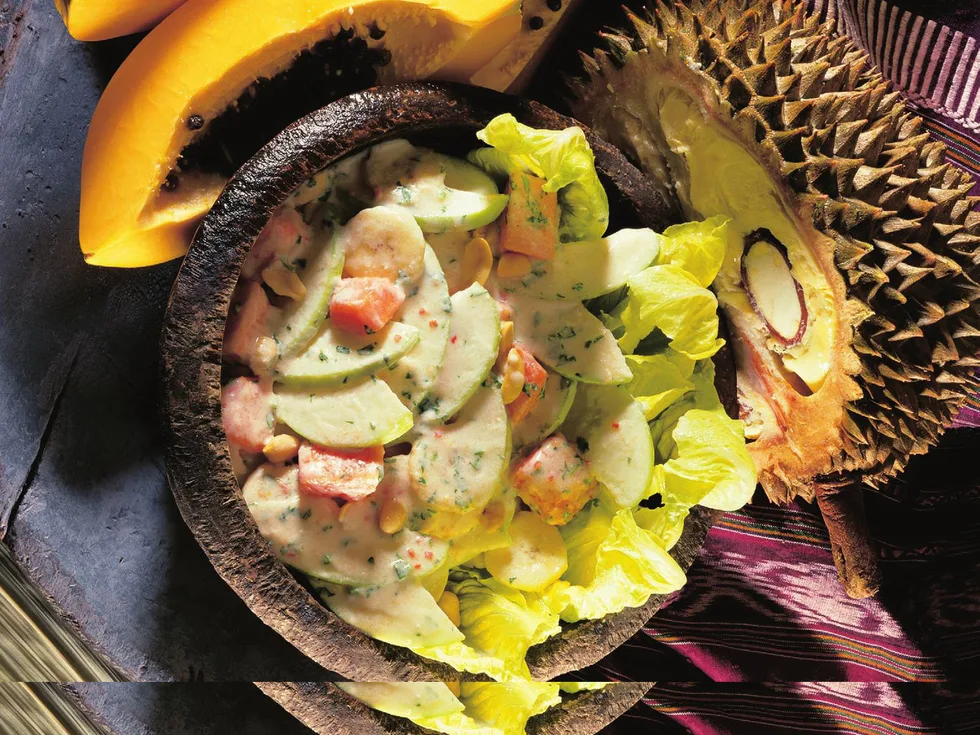 fruit salad with savoury coconut dressing