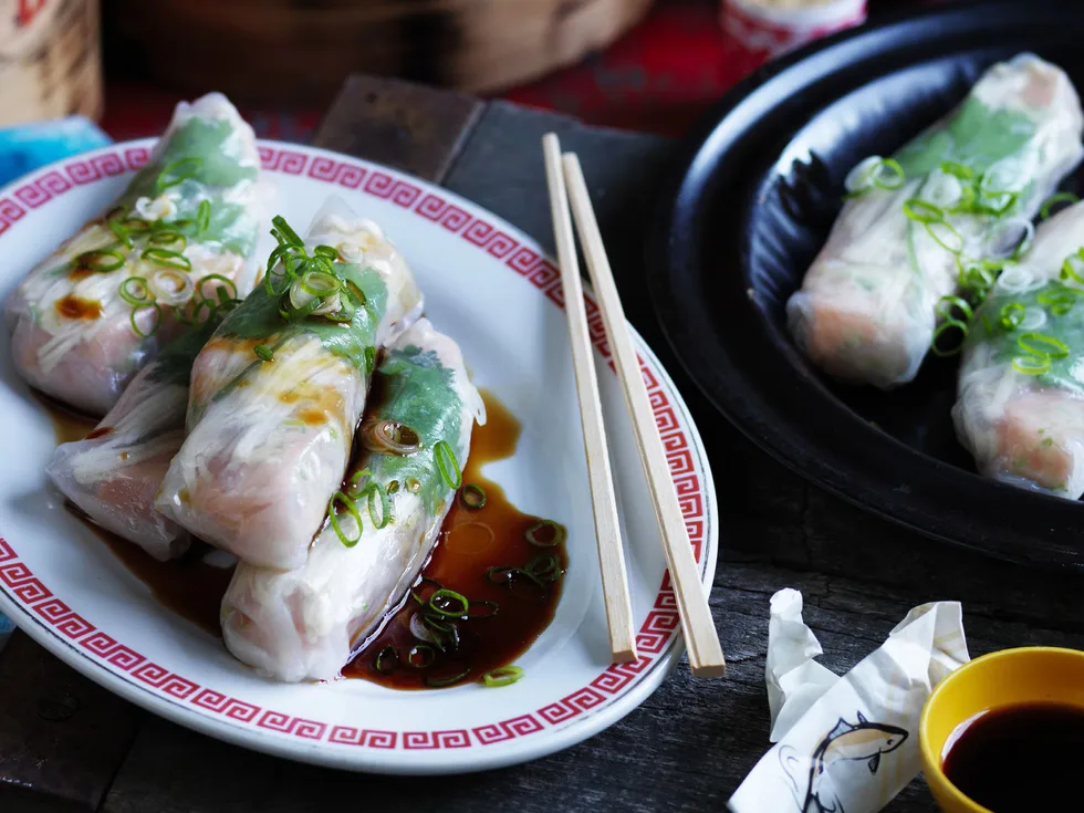 SALMON AND ENOKI MUSHROOM steamed rice paper parcels