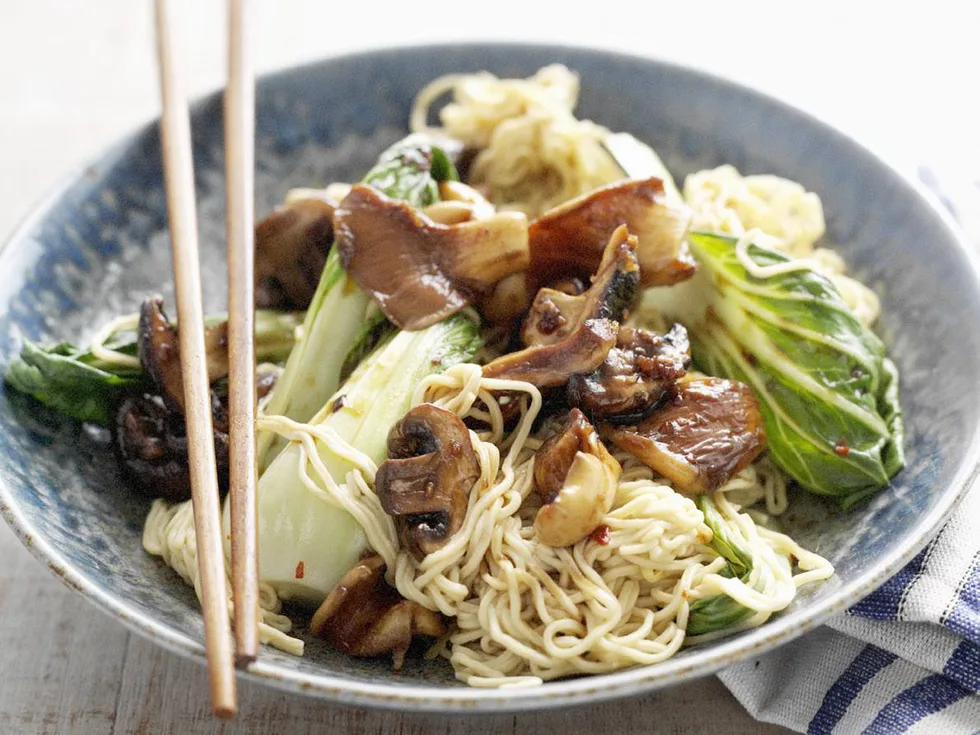 NOODLES & BUK CHOY WITH GARLIC MUSHROOMS
