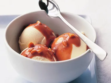 Ice-cream with choc-peanut sauce