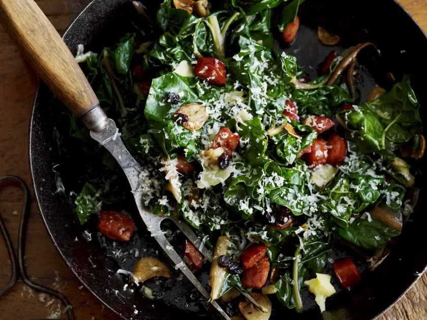 Wilted silverbeet with pepperoni