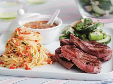 butterflied steaks with nam jim and cucumber and asparagus salad