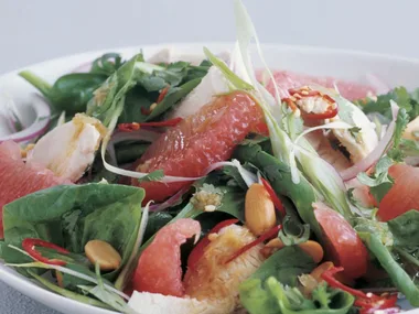 Poached chicken with ruby grapefruit salad