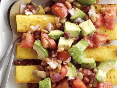 chilli cheese polenta with bean and avocado salsa