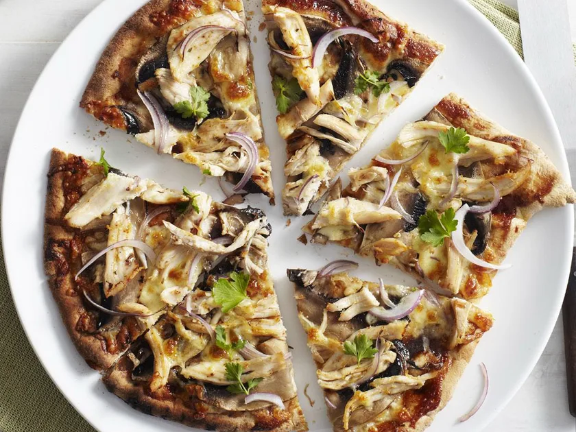 Barbecue chicken & mushroom pizzas