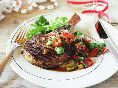 ribsteakswithcapsicum and almond salsa