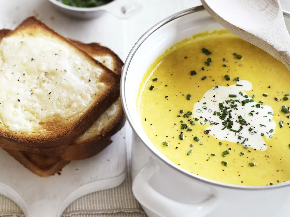 ROOT VEGETABLE SOUP WITH CHEESY TOASTS