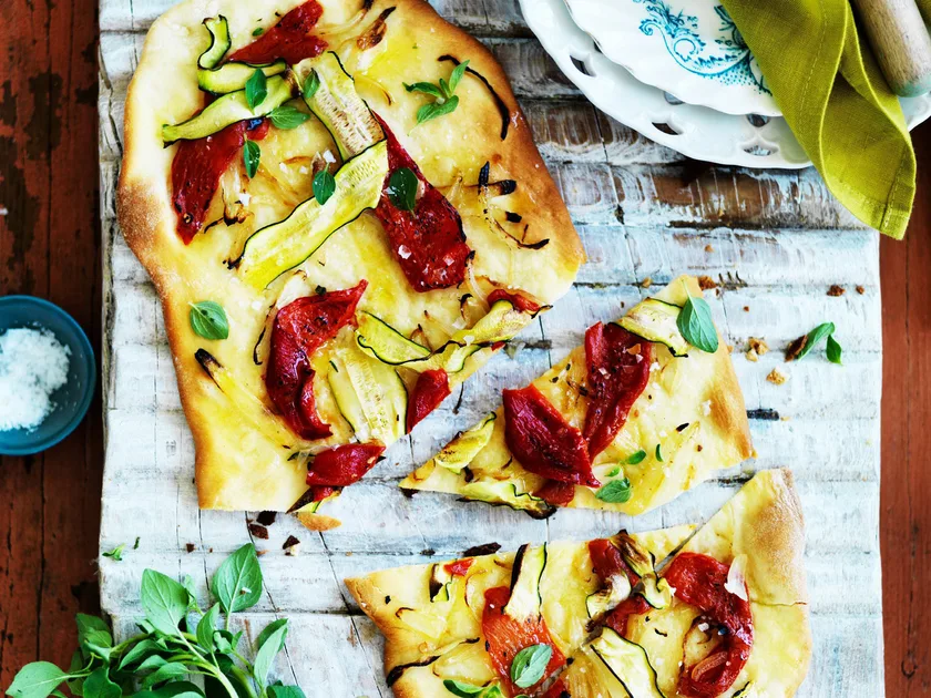 Flatbreads with roasted peppers and zucchini
