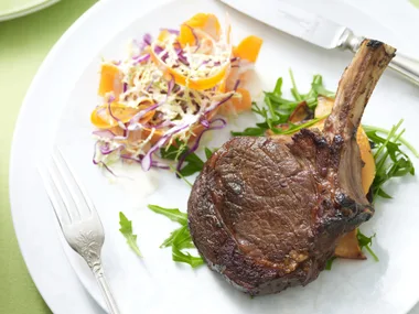 rib eye steaks with sweet potato and coleslaw