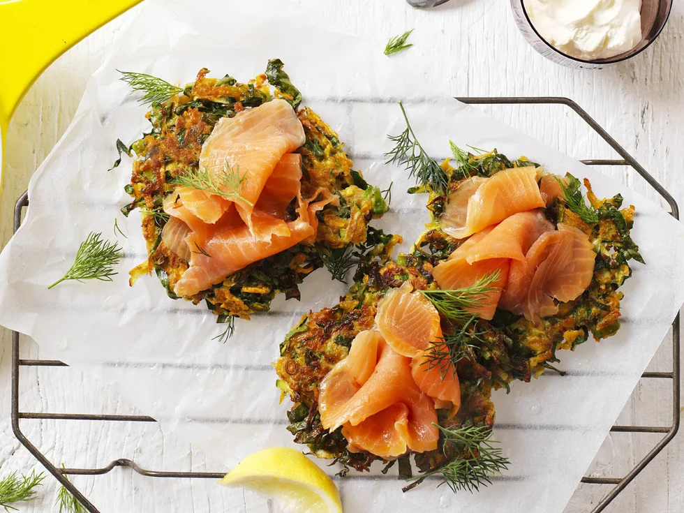 vegetable rösti with smoked salmon and sour cream