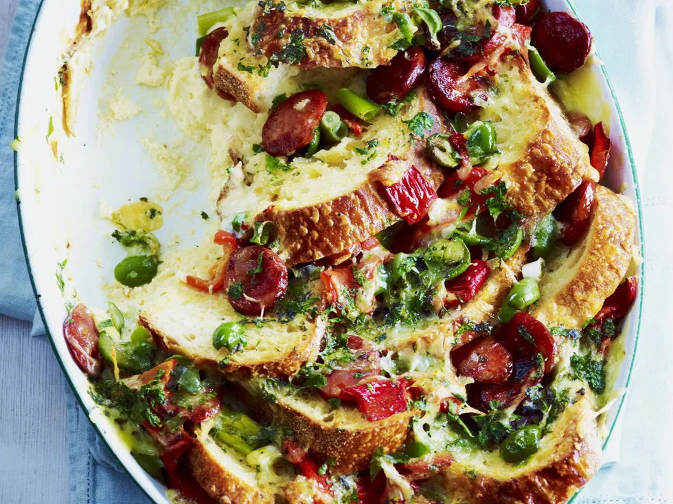 chorizo, capsicum and green olive savoury bread pudding
