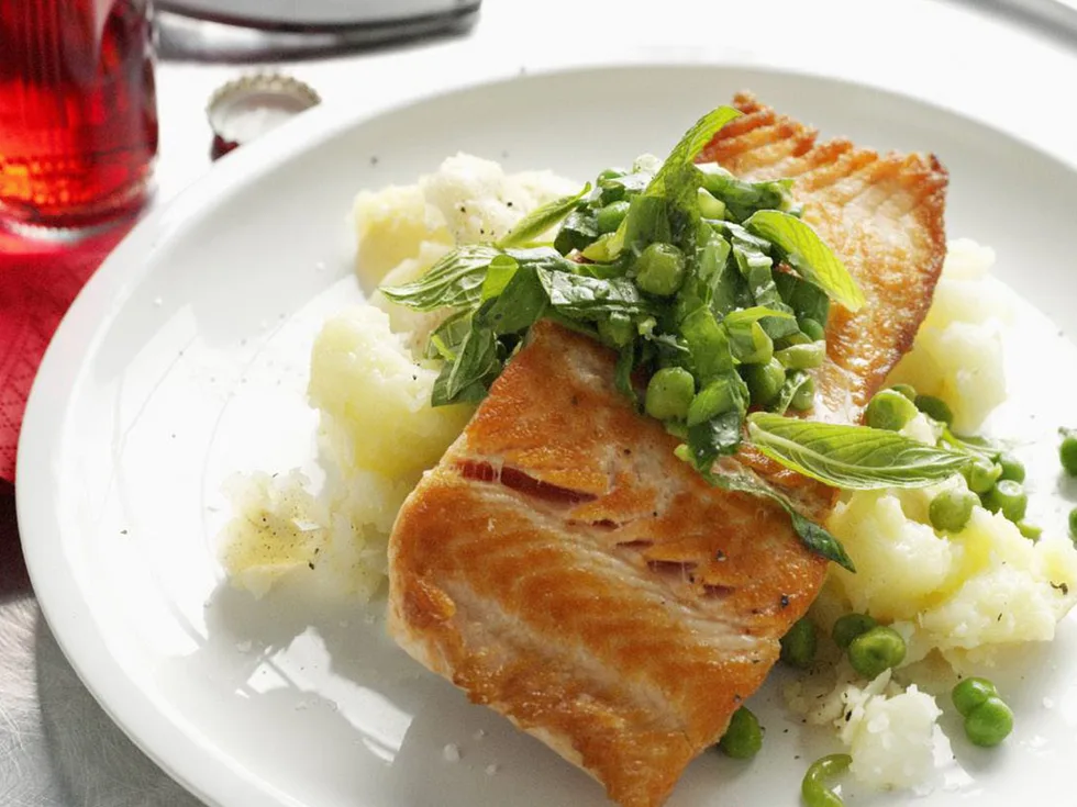 seared ocean trout and potato smash with pea and mint salsa