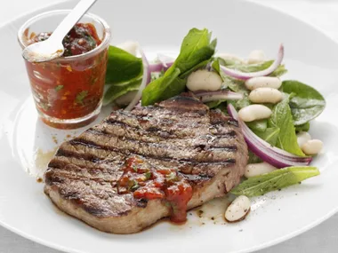 scotch fillet with white bean and spinach salad