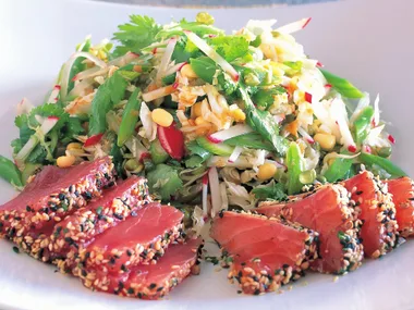 herbed and spiced sashimi with ginger cabbage salad
