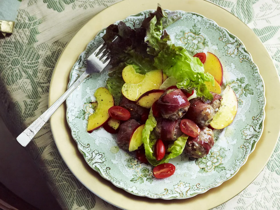 pork stuffing balls with nectarine salad