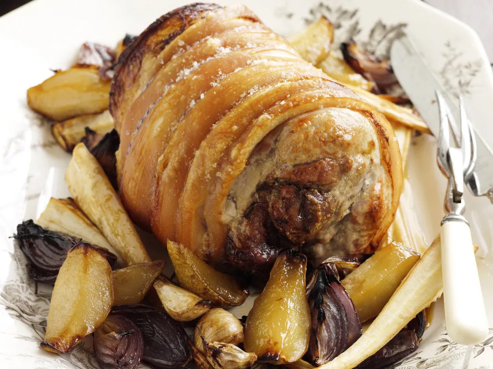 ROAST LEG OF PORK with Pears and Parsnips