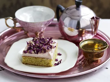 pistachio cake with rosewater frosting