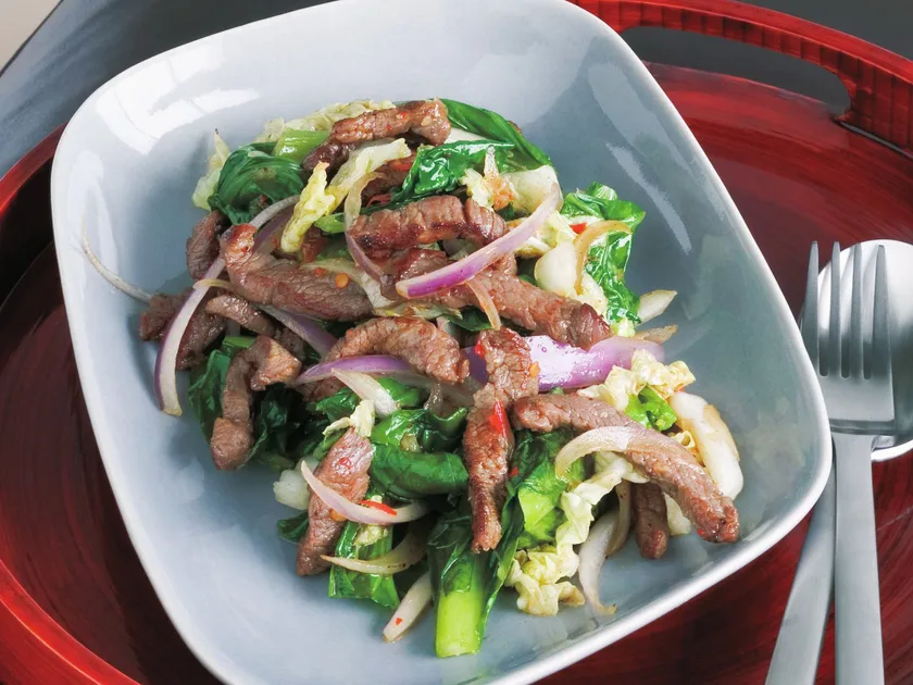 Crisp beef with gai lan