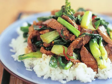 stir-fried beef, bok choy and gai larn