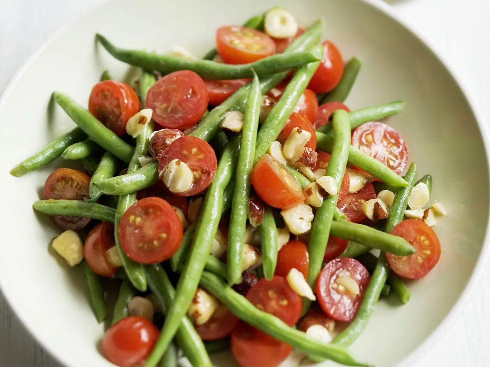 bean and tomato salad with mustard hazelnut dressing