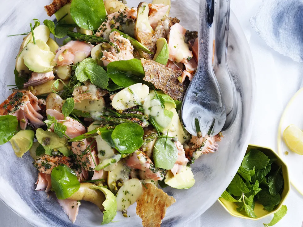 POTATO AND SALMON salad with mustardy dressing