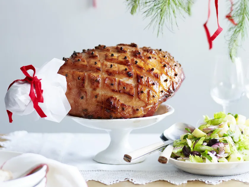 Bourbon-glazed ham with warm potato and celery salad