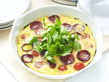 chorizo and tomato omelette with chilli beans