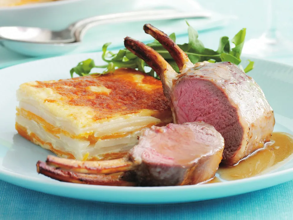 honey dijon racks with potato and kumara gratin