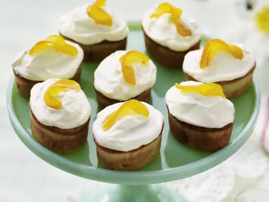 peach friands with orange mascarpone frosting