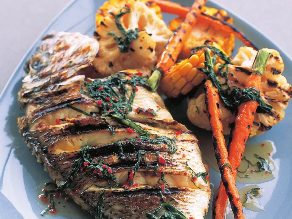 whole fish and vegetables with chilli basil sauce