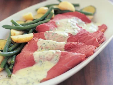 traditional corned beef with horseradish white sauce