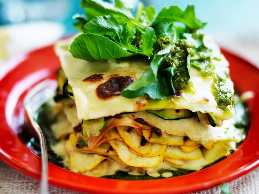 Green vegetable lasagne stacks with salsa verde