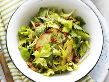 charred pear, celery & walnut salad with tarragon pesto