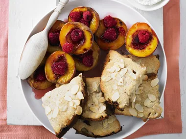 almond panettone with honey-grilled peaches