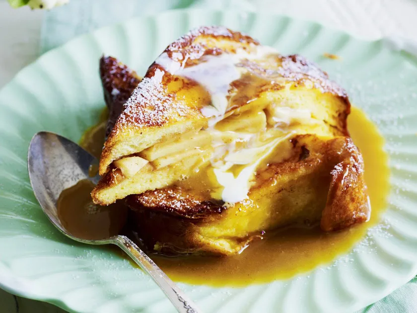 Apple-stuffed french toast with butterscotch sauce