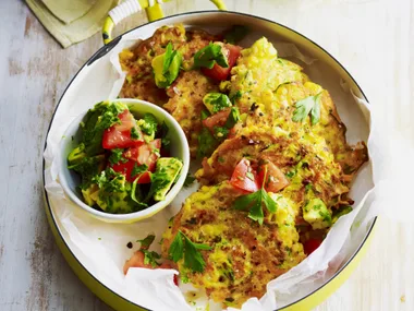 zucchini, carrot and corn fritters with avocado and coriander salsa