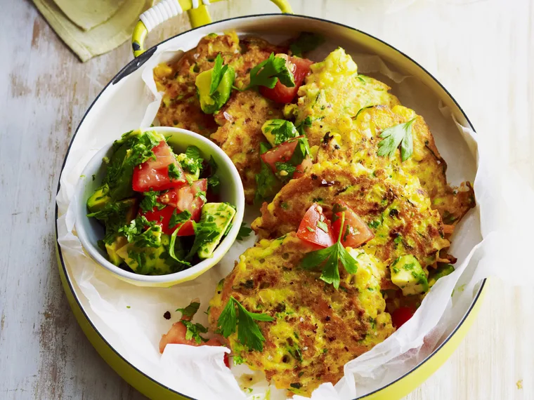 zucchini, carrot and corn fritters with avocado and coriander salsa