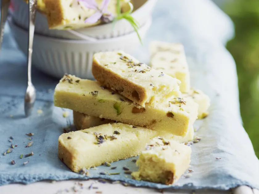 Pistachio lemon and lavender shortbread