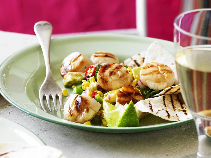 Char-grilled scallops with corn salsa