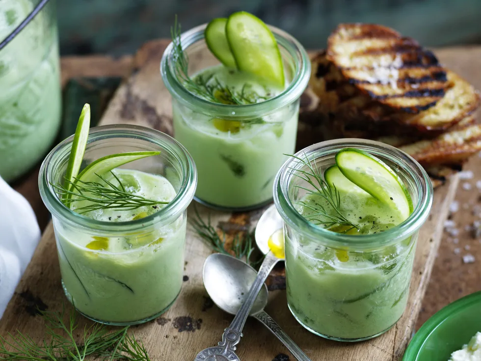 =CChilled Cucumber Soup withwhipped fettatoasts
