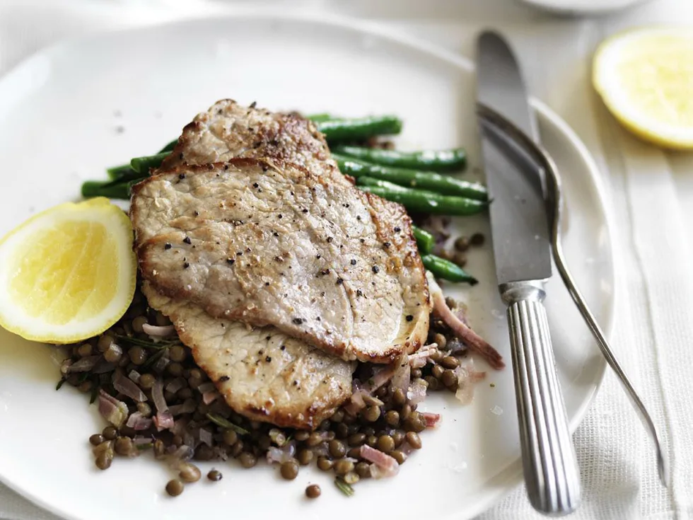 PORK STEAKS WITH SAUTEED LENTILS