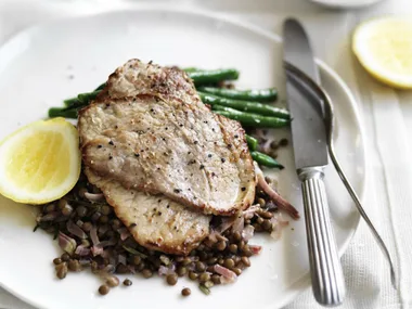 PORK STEAKS WITH SAUTEED LENTILS