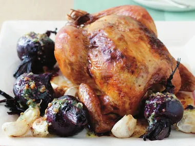 Roast chicken and beetroot with pesto butter