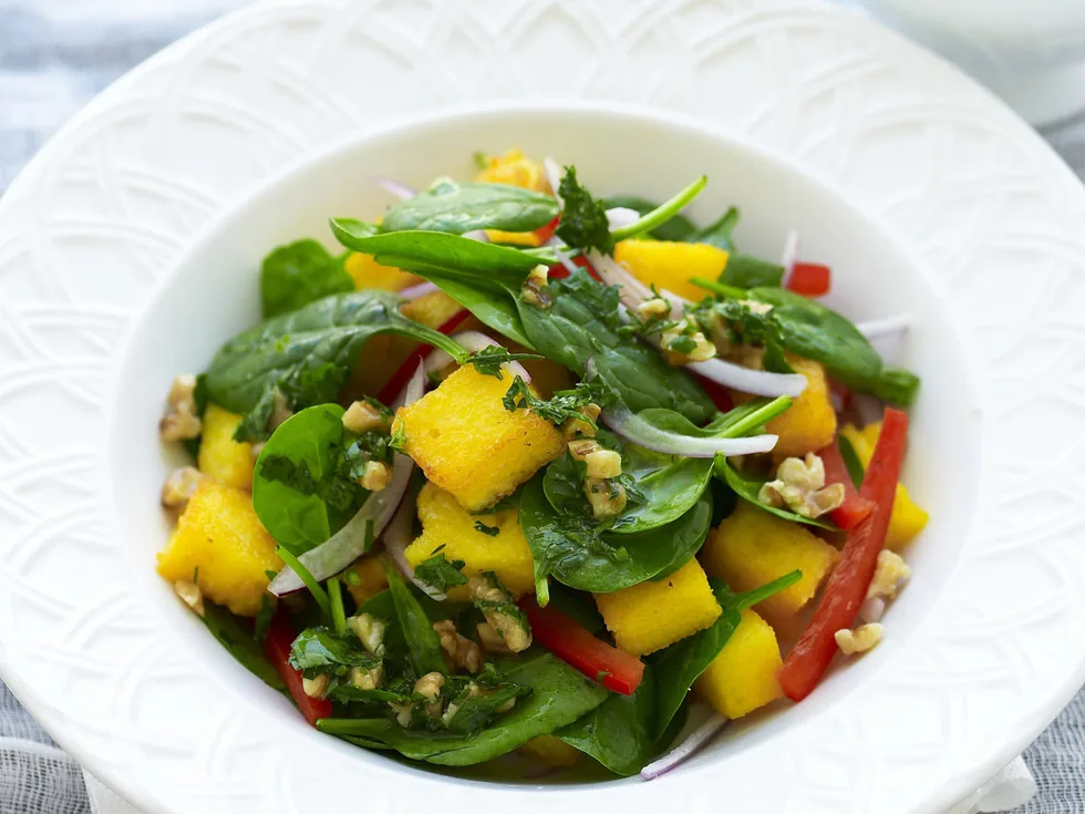 crispy polenta, capsicum and walnut salad