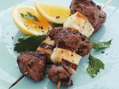 Haloumi and allspice lamb kebabs