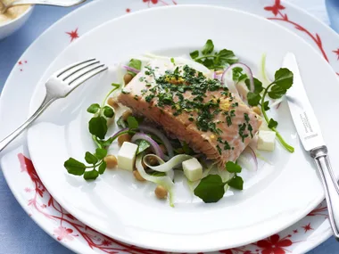 barbecued salmon with yogurt dressing
